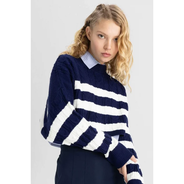 A7046 Coool Regular Fit Çizgili Bisiklet Yaka Triko Kazak