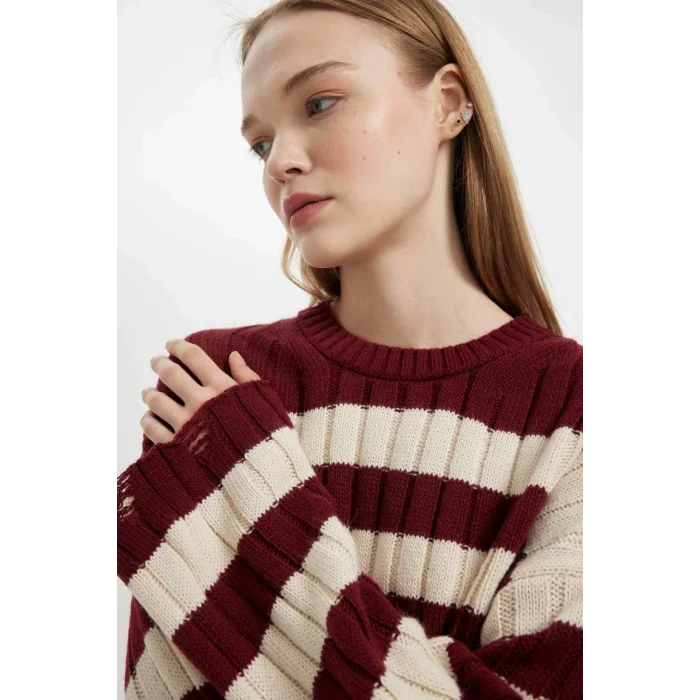 A8152 Regular Fit Çizgili Bisiklet Yaka Triko Kazak