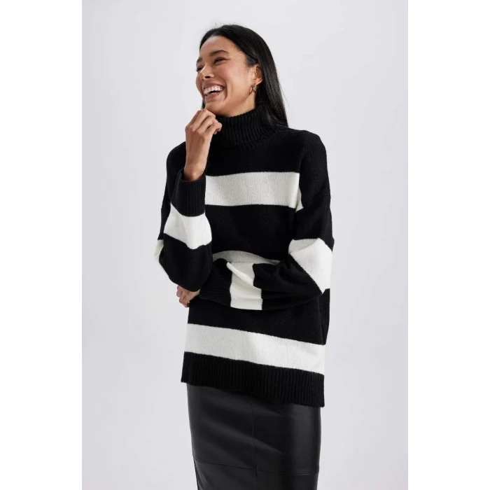 A8595 Relax Fit Çizgili Balıkçı Yaka Tunik