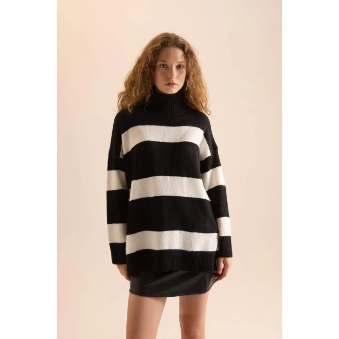 A8595 Relax Fit Çizgili Balıkçı Yaka Tunik