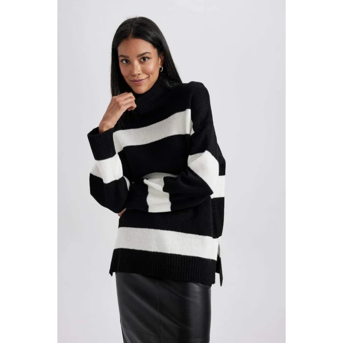 A8595 Relax Fit Çizgili Balıkçı Yaka Tunik