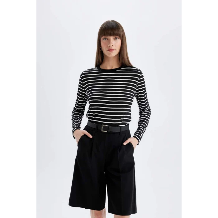 A9254 Regular Fit Bisiklet Yaka Çizgili Casual Uzun Kollu Tişört