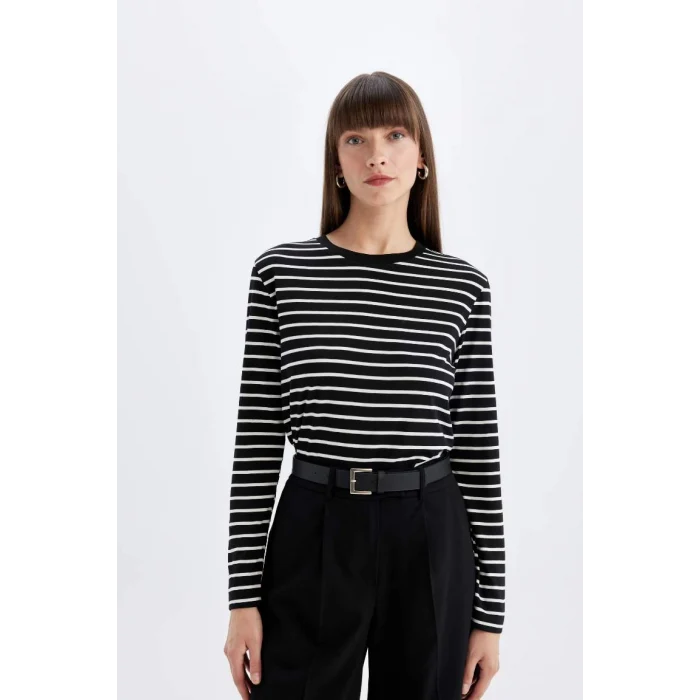 A9254 Regular Fit Bisiklet Yaka Çizgili Casual Uzun Kollu Tişört