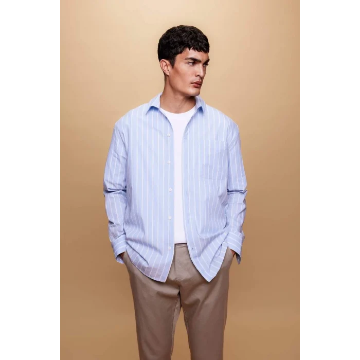 A9440 Relax Fit Polo Yaka Çizgili Poplin Uzun Kollu Gömlek