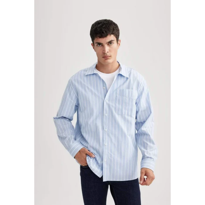 A9440 Relax Fit Polo Yaka Çizgili Poplin Uzun Kollu Gömlek