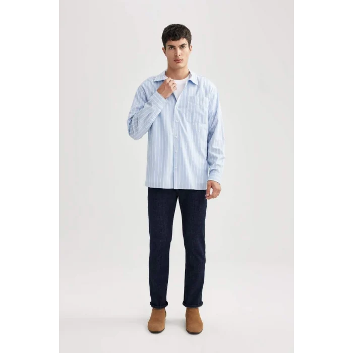 A9440 Relax Fit Polo Yaka Çizgili Poplin Uzun Kollu Gömlek