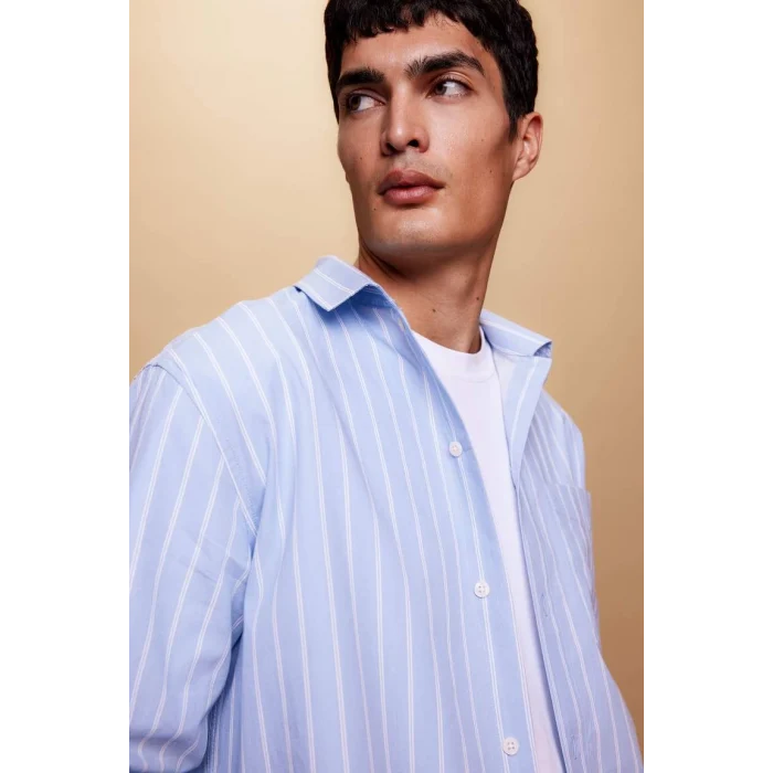 A9440 Relax Fit Polo Yaka Çizgili Poplin Uzun Kollu Gömlek