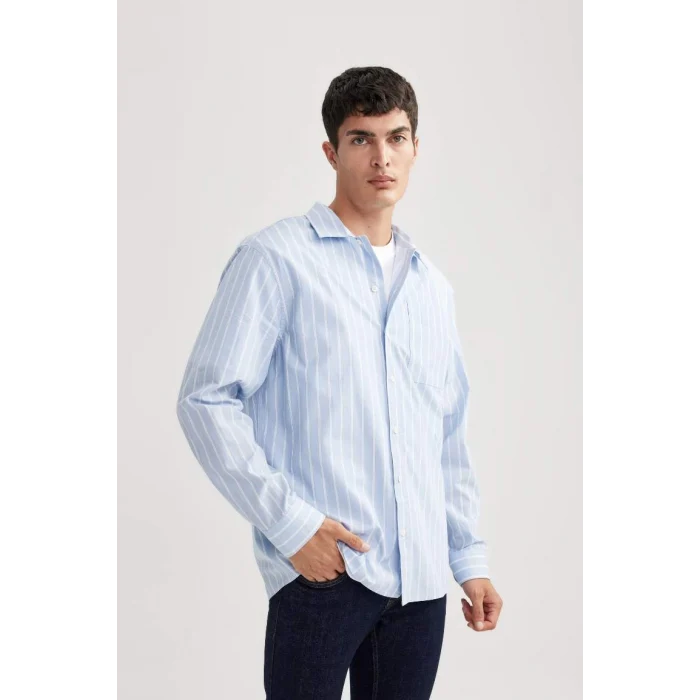A9440 Relax Fit Polo Yaka Çizgili Poplin Uzun Kollu Gömlek