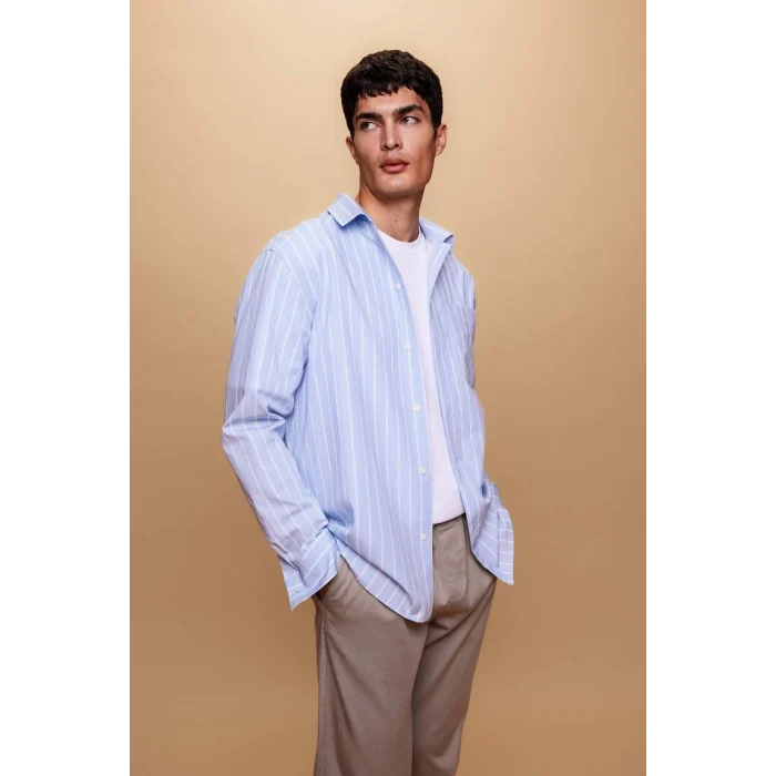 A9440 Relax Fit Polo Yaka Çizgili Poplin Uzun Kollu Gömlek