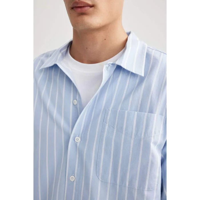 A9440 Relax Fit Polo Yaka Çizgili Poplin Uzun Kollu Gömlek