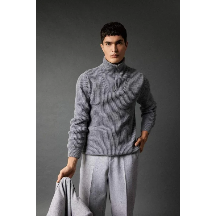 A9511 Standart Fit Dik Yaka Yarım Fermuarlı Selanik Kumaş Triko Kazak