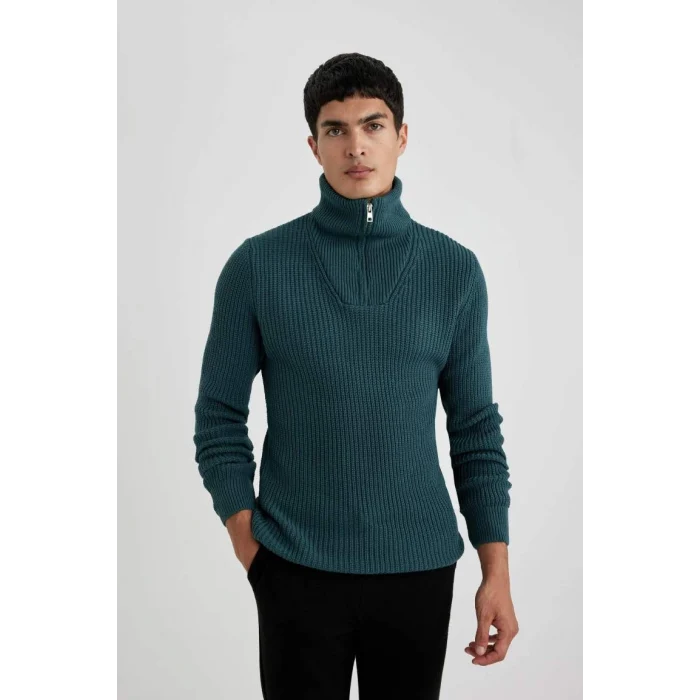 A9511 Standart Fit Dik Yaka Yarım Fermuarlı Selanik Kumaş Triko Kazak