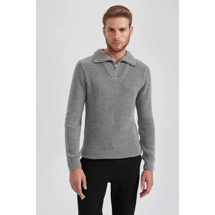 A9511 Standart Fit Dik Yaka Yarım Fermuarlı Selanik Kumaş Triko Kazak