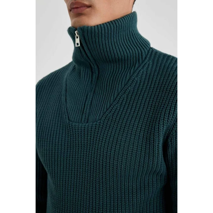 A9511 Standart Fit Dik Yaka Yarım Fermuarlı Selanik Kumaş Triko Kazak