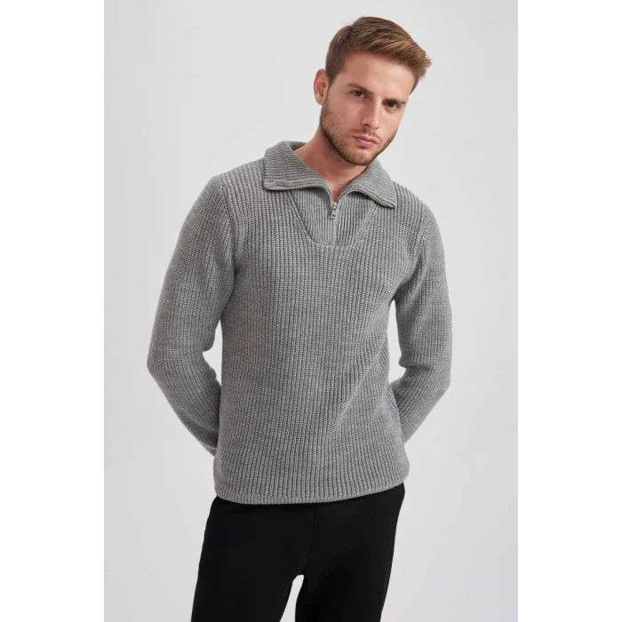 A9511 Standart Fit Dik Yaka Yarım Fermuarlı Selanik Kumaş Triko Kazak