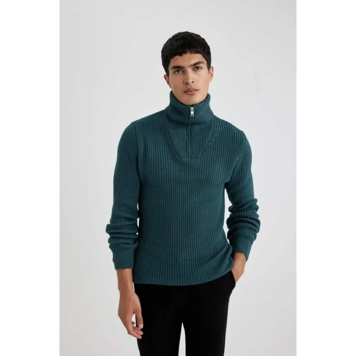 A9511 Standart Fit Dik Yaka Yarım Fermuarlı Selanik Kumaş Triko Kazak