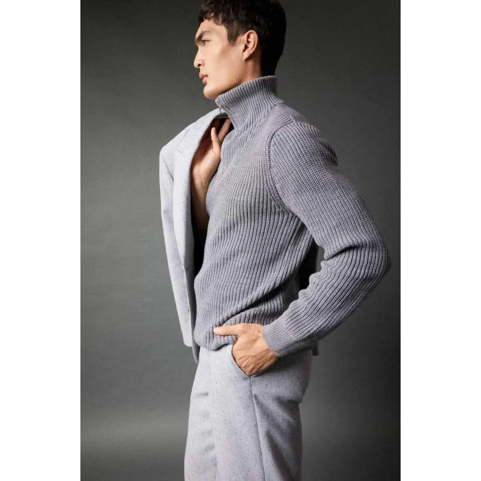 A9511 Standart Fit Dik Yaka Yarım Fermuarlı Selanik Kumaş Triko Kazak