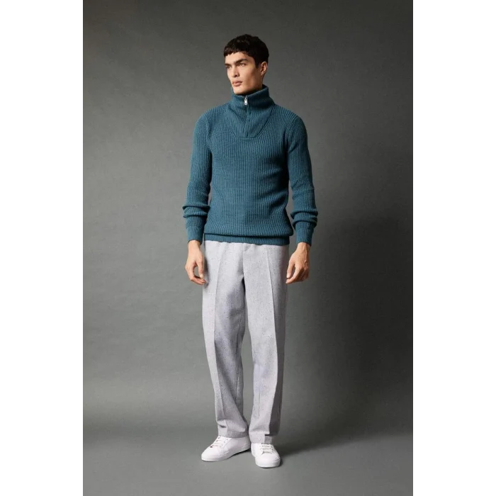 A9511 Standart Fit Dik Yaka Yarım Fermuarlı Selanik Kumaş Triko Kazak