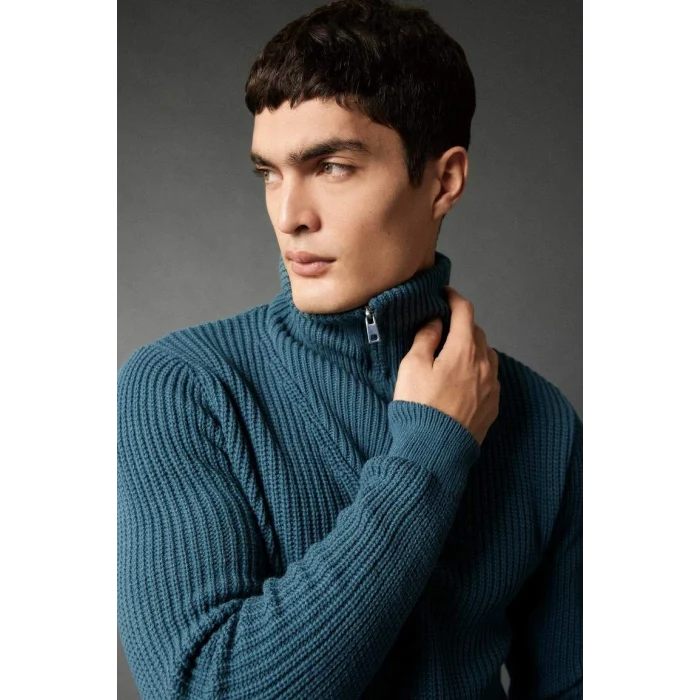 A9511 Standart Fit Dik Yaka Yarım Fermuarlı Selanik Kumaş Triko Kazak