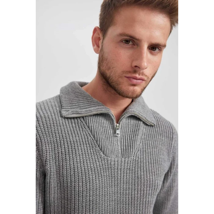 A9511 Standart Fit Dik Yaka Yarım Fermuarlı Selanik Kumaş Triko Kazak