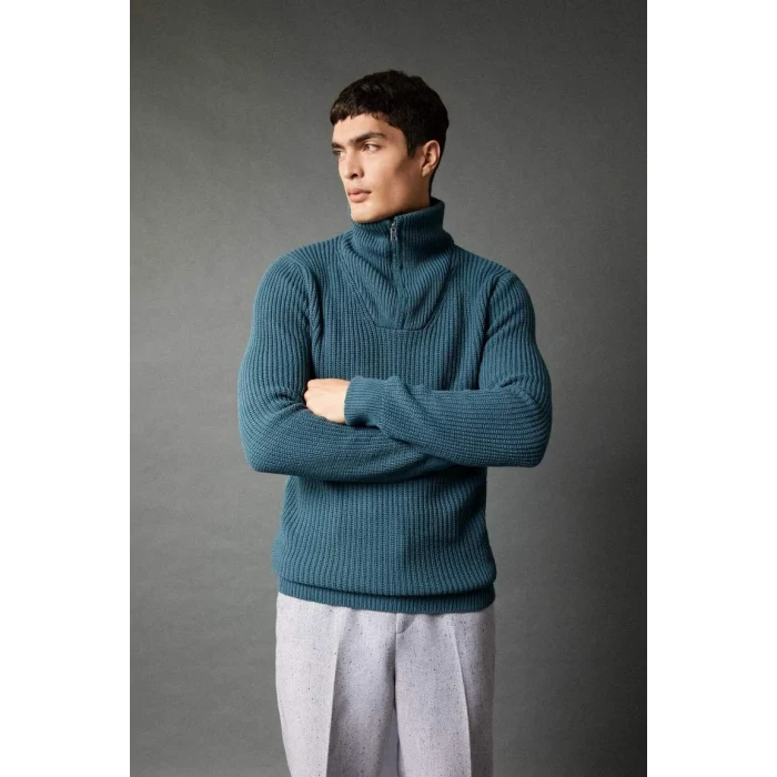 A9511 Standart Fit Dik Yaka Yarım Fermuarlı Selanik Kumaş Triko Kazak