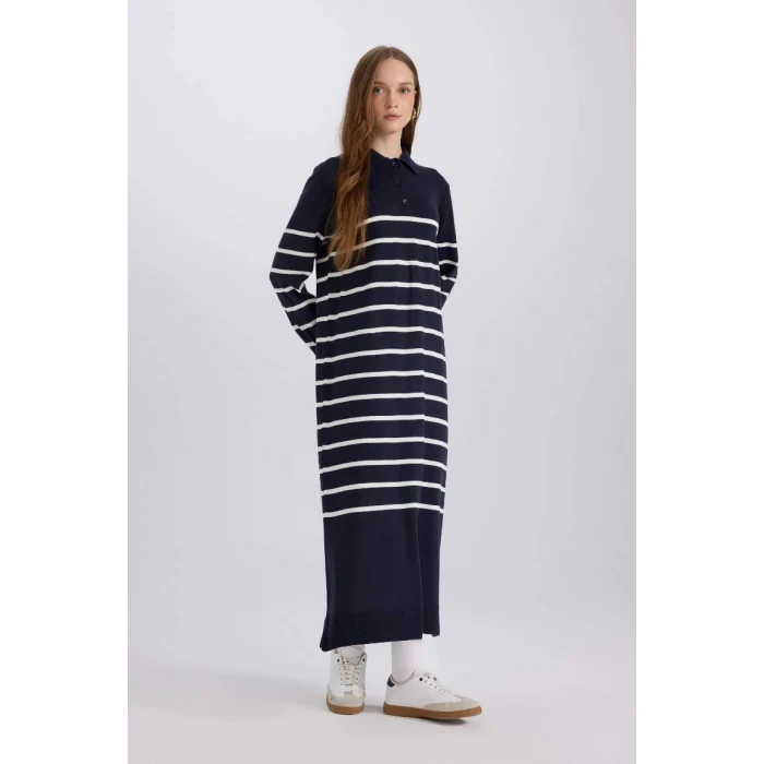 A9801 Regular Fit Polo Yaka Çizgili Maxi Triko Elbise