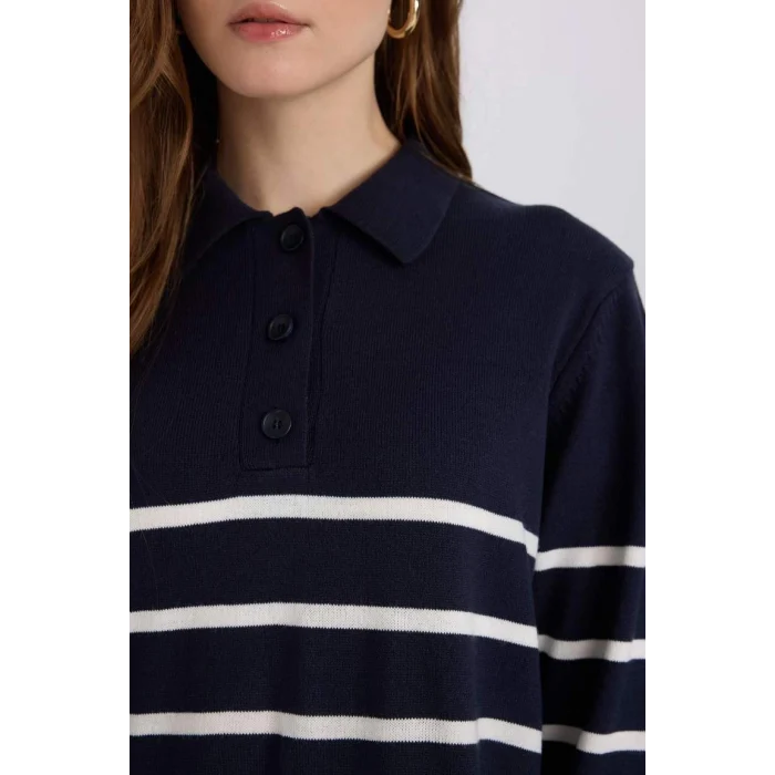 A9801 Regular Fit Polo Yaka Çizgili Maxi Triko Elbise