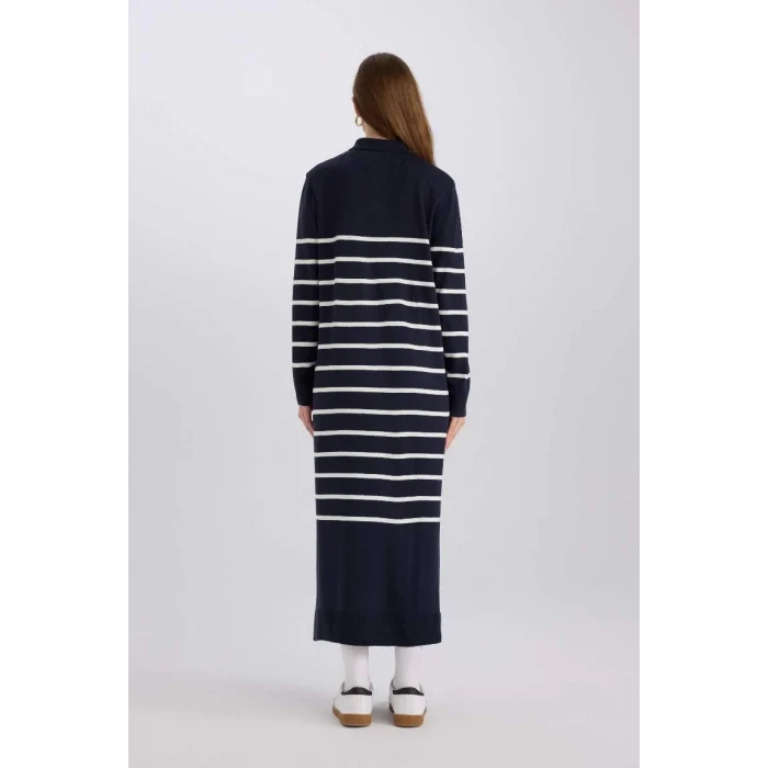 A9801 Regular Fit Polo Yaka Çizgili Maxi Triko Elbise