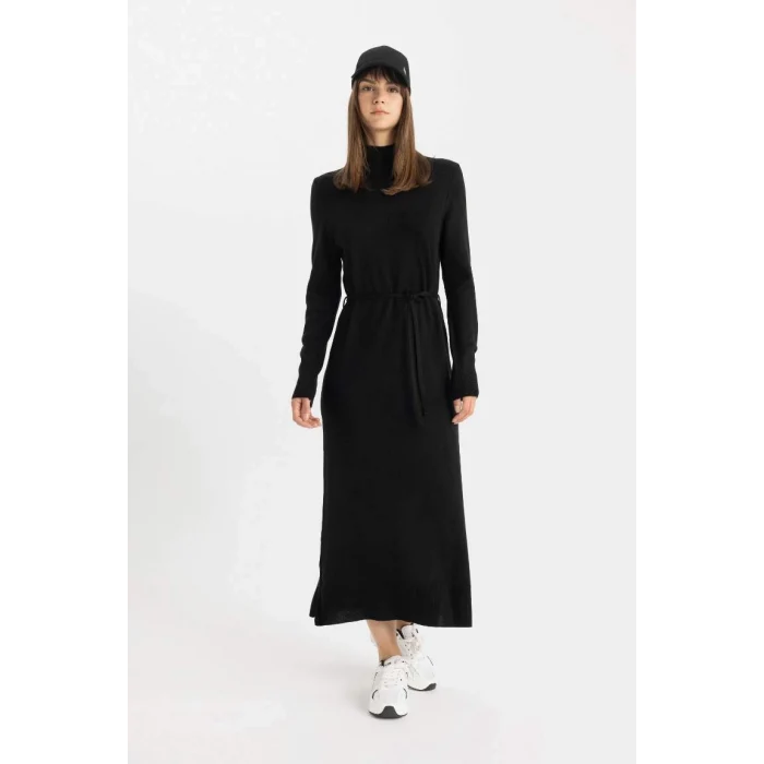 A9807 Yarım Balıkçı Yaka Uzun Kollu Maxi Elbise