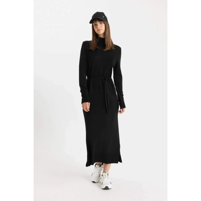 A9807 Yarım Balıkçı Yaka Uzun Kollu Maxi Elbise