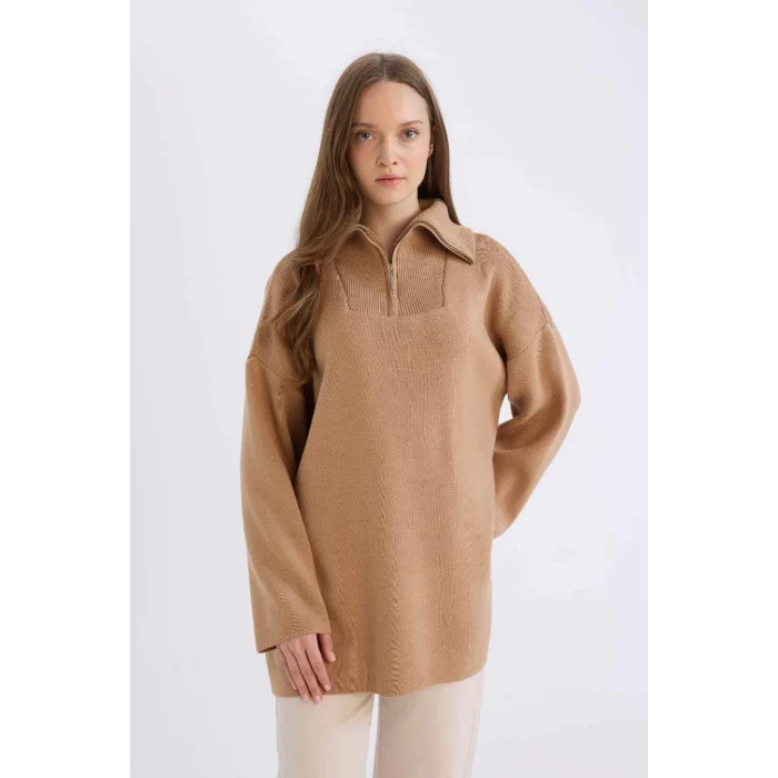 B0191 Regular Fit Fermuarlı Dik Yaka Triko Kazak Tunik