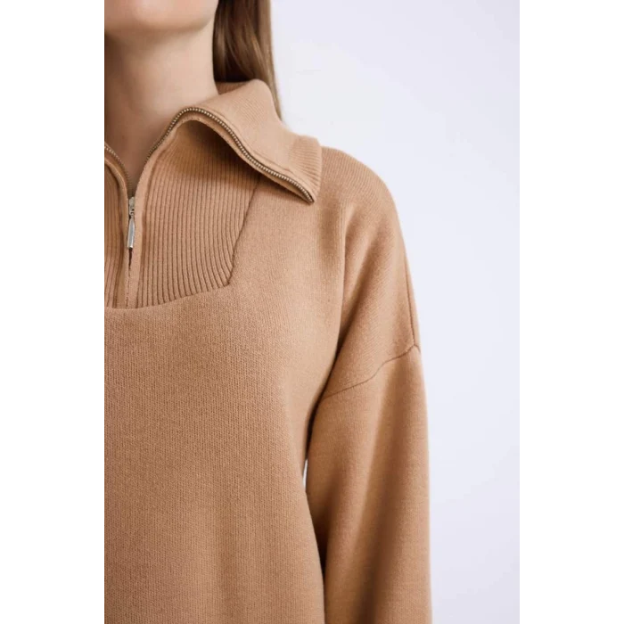 B0191 Regular Fit Fermuarlı Dik Yaka Triko Kazak Tunik