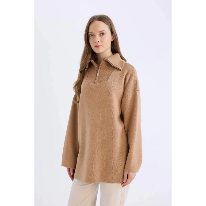 B0191 Regular Fit Fermuarlı Dik Yaka Triko Kazak Tunik