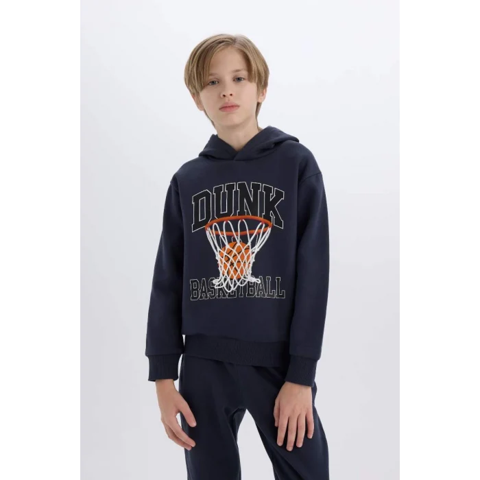 B0410 Kapüşonlu Baskılı Sweatshirt Beli Paçası Lastikli Eşofman Altı 2li Takım