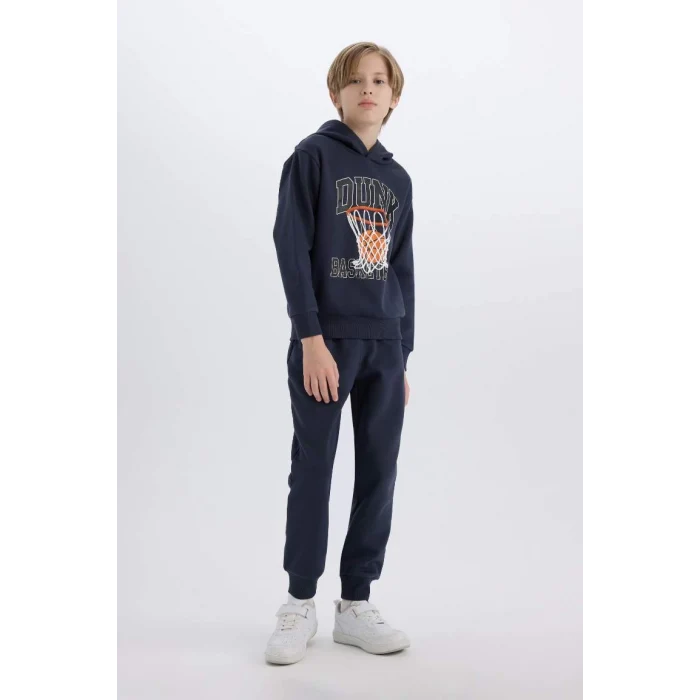 B0410 Kapüşonlu Baskılı Sweatshirt Beli Paçası Lastikli Eşofman Altı 2li Takım