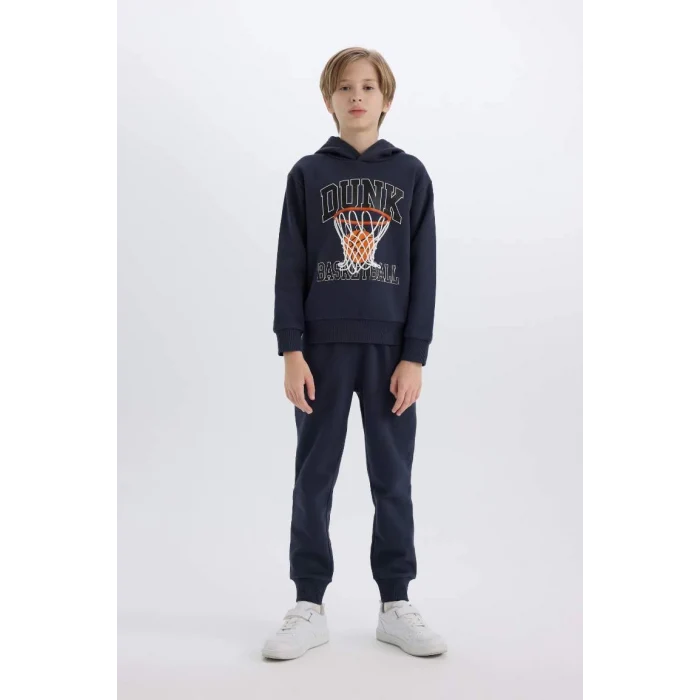 B0410 Kapüşonlu Baskılı Sweatshirt Beli Paçası Lastikli Eşofman Altı 2li Takım