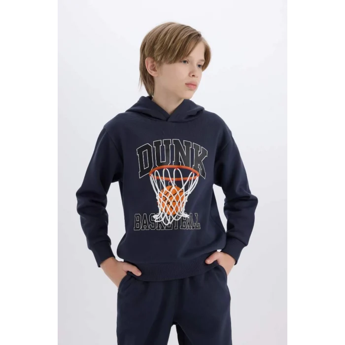 B0410 Kapüşonlu Baskılı Sweatshirt Beli Paçası Lastikli Eşofman Altı 2li Takım