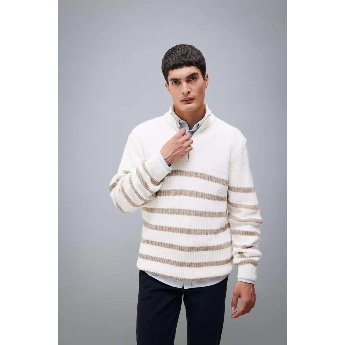 B0580 Standart Fit Normal Kesim Çizgili Balıkçı Yaka Triko Kazak