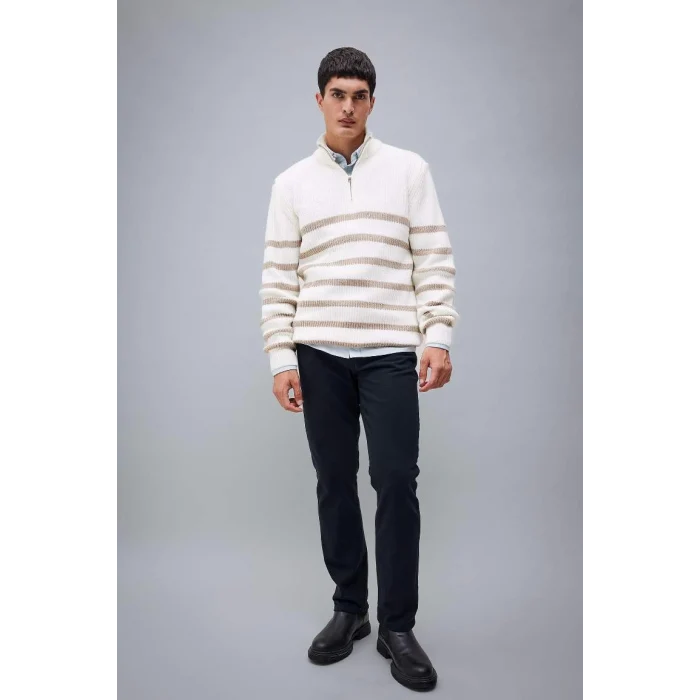 B0580 Standart Fit Normal Kesim Çizgili Balıkçı Yaka Triko Kazak