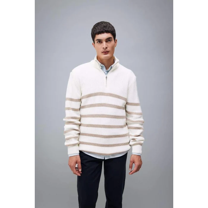 B0580 Standart Fit Normal Kesim Çizgili Balıkçı Yaka Triko Kazak