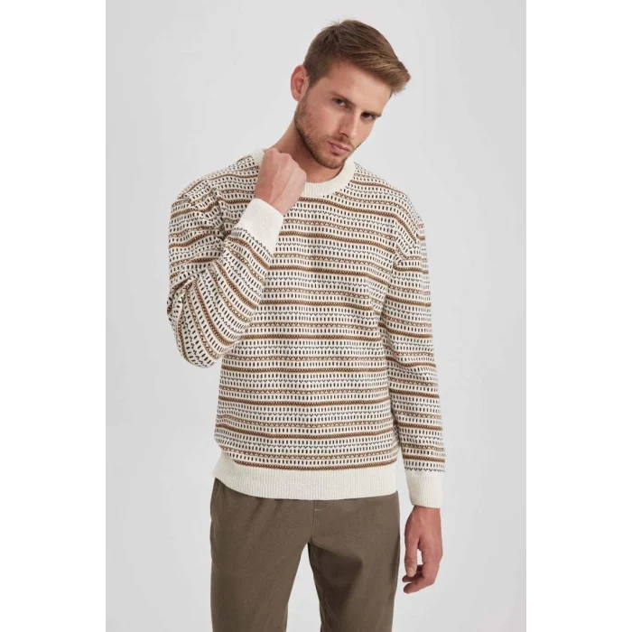 B1448 Standart Fit Normal Kesim Desenli Bisiklet Yaka Triko Kazak