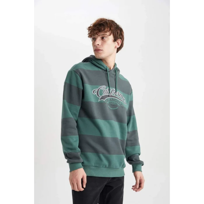 B1654 Regular Fit Kapüşonlu Çizgili Baskılı Sweatshirt