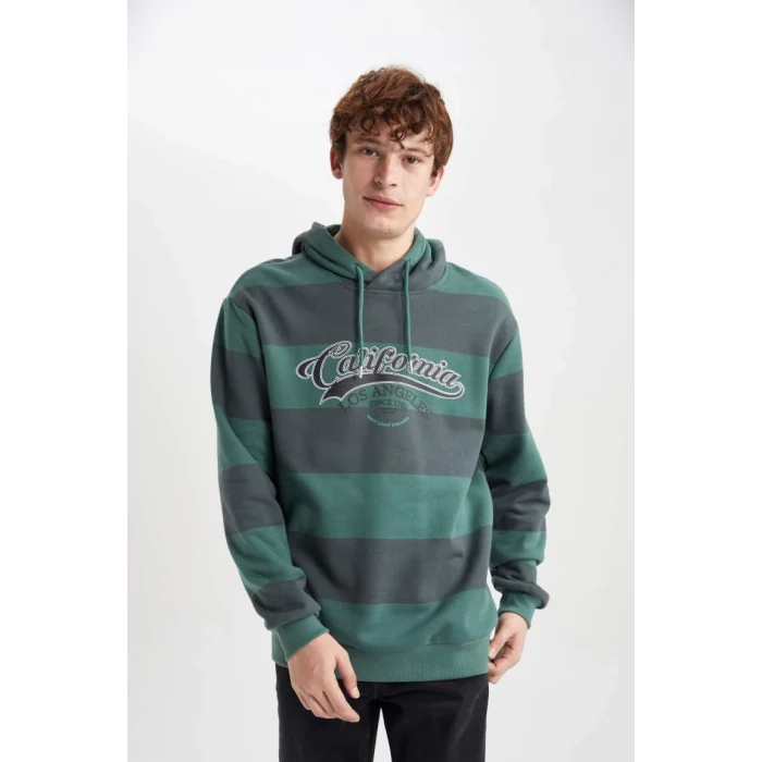 B1654 Regular Fit Kapüşonlu Çizgili Baskılı Sweatshirt