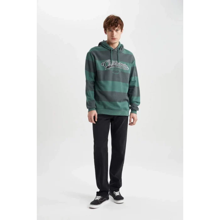 B1654 Regular Fit Kapüşonlu Çizgili Baskılı Sweatshirt