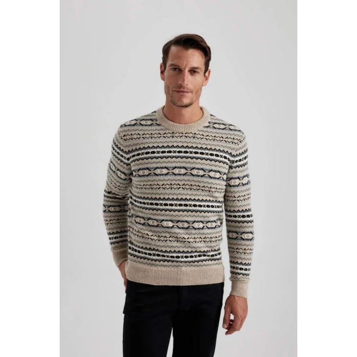 B1893 Standart Fit Normal Kesim Desenli Bisiklet Yaka Triko Kazak