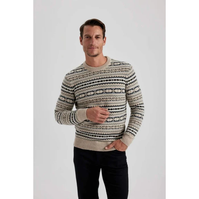 B1893 Standart Fit Normal Kesim Desenli Bisiklet Yaka Triko Kazak