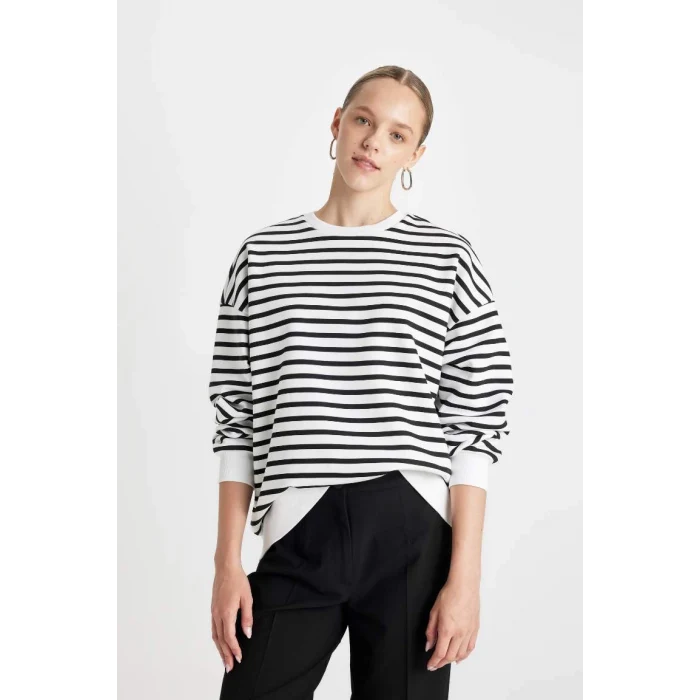B2085 Oversize Fit Çizgili Kalın Kumaş Sweatshirt