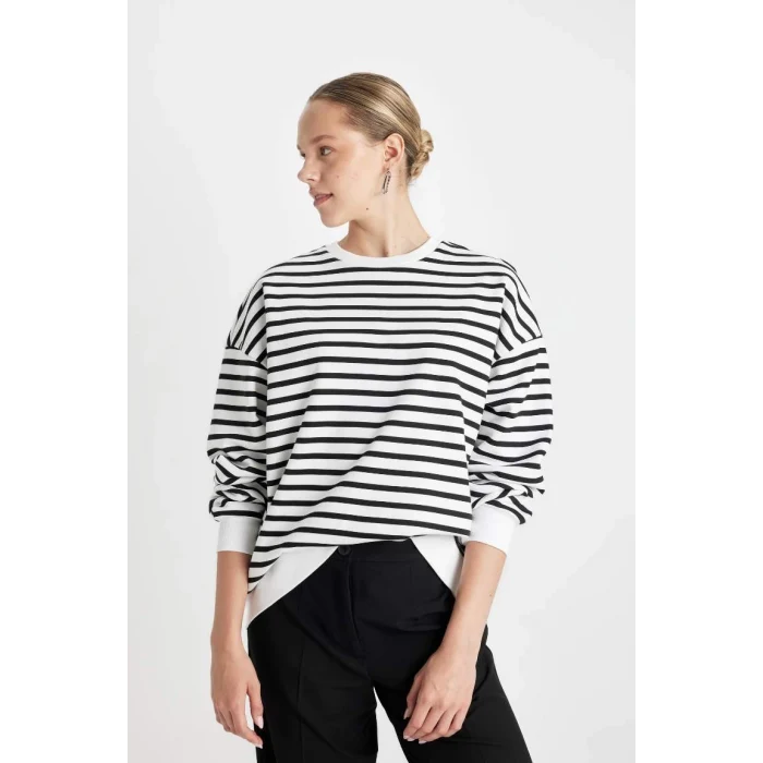 B2085 Oversize Fit Çizgili Kalın Kumaş Sweatshirt