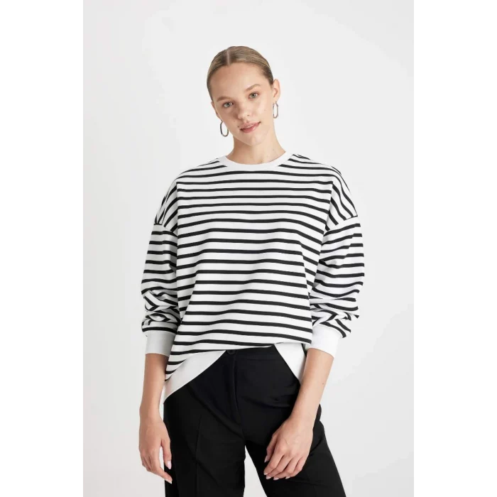 B2085 Oversize Fit Çizgili Kalın Kumaş Sweatshirt