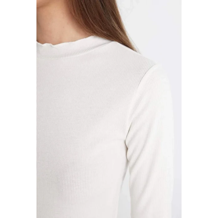 B2389 Yarım Balıkçı Yaka Fitilli Kaşkorse Basic Düz Uzun Kollu Tişört Tunik